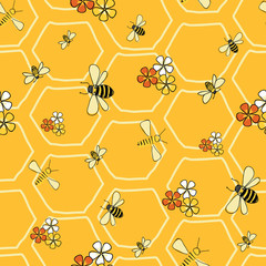 Bees and flowers seamless vector pattern on yellow honeycomb background surface pattern design