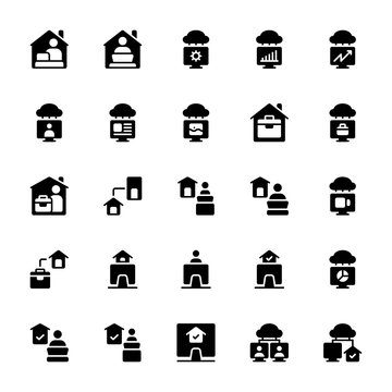 Set Of Work From Home, Stay Job Glyph Style Icon - Vector