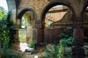 Overgrown by plants ruins of abandoned mansion