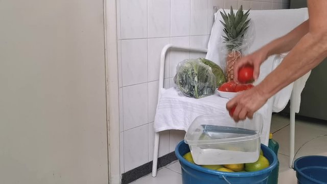 Quarantine. Pandemic. Woman unpacks and disinfects the fruits and vegetables so that her family is not contaminated. Taking care of viruses. 