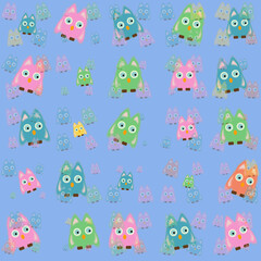 seamless pattern with funny colourful baby owls