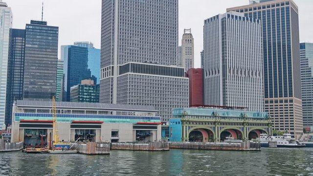 NEW YORK, USA - OCTOBER 2, 2018: Slip 5 Battery Maritime Building BMB during the gloomy weather. A ferry terminal at South Ferry on the southern tip of Manhattan Island.