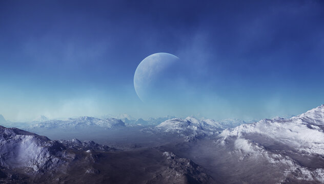 3d rendered Space Art: Frozen Alien Planet - A Fantasy Landscape with blue skies and clouds