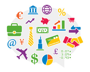 Vector set of flat colorful icons in a bubble: a euro sign, a piggy bank, a shopping cart, a handshake, a percentage sign, a British pound, a plane, a dollar sign, a necktie, a graphic chart, a yen.