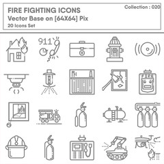 Firefighting and Fire Protection System Safety Icon Set, Firefighter Equipment Tools for Building Fire Prevention Systems. Accident Security Department Symbol Icons Design. Emergency Crisis