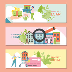 Real estate banner template design vector illustration. Mortgage loan, property investment, real estate sale concept. Estate agent offers house. People with shopping cart, keys, credit card and money.