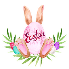 Easter holiday set watercolor illustration. Hand painted bunny with color eggs and Easter lettering for egg hunt with branches.
