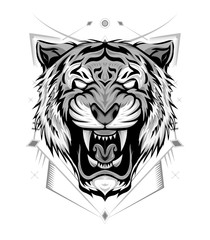 Tiger logo. Black white illustration of a tiger head. Portrait of a predator. Tattoo wild cats.