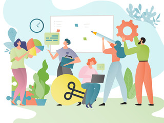 Teamwork business concept vector illustration. People cartoon characters work in team together. Teammates brainstorming. Man, woman with lightbulb, laptop, diagram, board with notes. Corporate union.