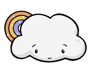 Cute vector cloud drawing with a smiling face and a colorful rainbow. Drawn with flat colors and a black outline. Can represent a weather report, joy, meteorology, natural phenomenon, etc.