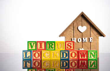 Virus lockdown in wooden cube with healty concept.