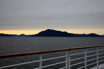 Alaska / USA - August 15, 2019: Alaska coastline view from a cruise ship deck, Alaska, USA