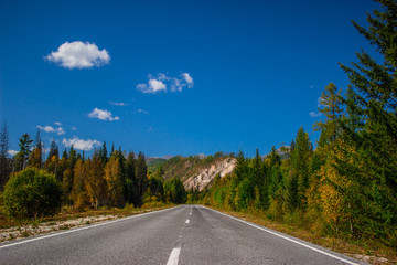 Irkutsk, Arshan, asphalt road through the forests. Autumn warm day, the road leading to the chronicle with Mongolia