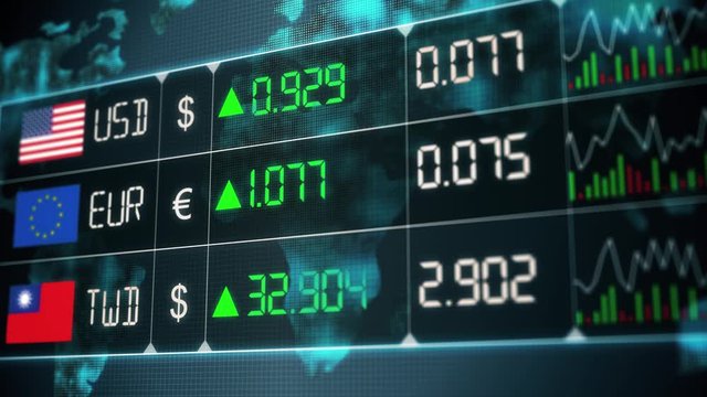 Evolution of New Taiwan dollar, Euro, US dollar currencies with up and downs. Currency market with green and red digital animation of prices in the world, with financial and ecomonic crisis - 4K anima