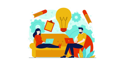 people working from home due to corona virus with flat illustration