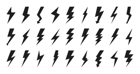 Black lightning bolt icon set. Empty silhouette design for logotype electricity. Glyph flash pictograms for sign charge or voltage, thunder and lightning strike. Isolated on white vector illustration