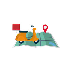 free delivery concept, map with motorcycle and location pin icon, flat style