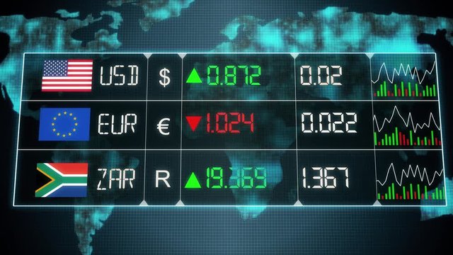 Currency market with evolution of South African rand, Euro, US dollar currencies with up and downs. Green and red digital animation of prices in the world, with financial and ecomonic crisis - 4K anim