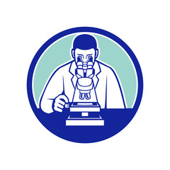 Mascot icon illustration of a medical doctor, scientist or researcher conducting research for a cure looking through microscope viewed from front set in circle on isolated background in retro style.