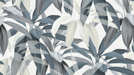 Foliage seamless pattern, blue Cordyline fruticosa Firebrand plant on bright grey