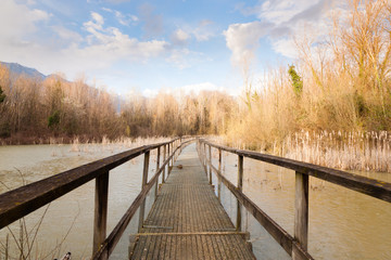 Naklejka na ściany i meble Old wood footbridge on lagoon, rural landscape