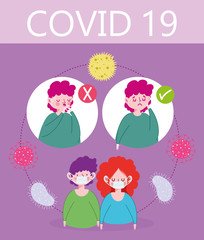 covid 19 coronavirus infographic, people symptoms and prevention with medical masks