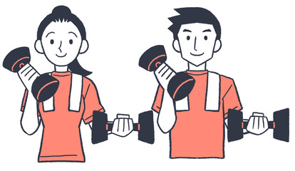 Man and woman with dumbbells.