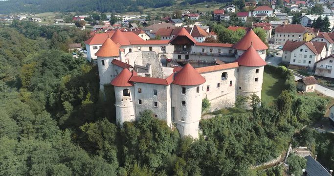 Aerial Drone Shot Of Zuzemberk Castle and Krka River. Slovenia.