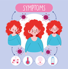 covid 19 coronavirus infographic, sick girl with symptoms pandemic outbreak