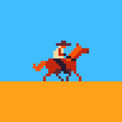 Fototapeta premium 8bit Cowboy on horse pixel art vector illustration, Wild West, design for logo, sticker, mobile app. Game assets 8-bit sprite.
