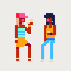 Two friends, girls drink coffee, pixel art vector illustration, design for logo, sticker, mobile app. Game assets 8-bit sprite.