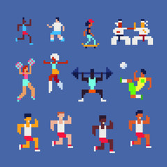 8bit sport, different sports, sportsmen runners skater cheerleaders karate, pixel art people characters, for game developers. Isolated vector illustration.