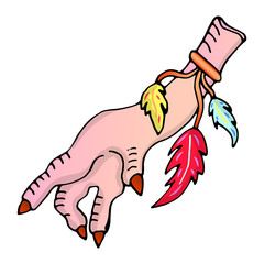 A colorful illustration of a chicken leg with feathers.