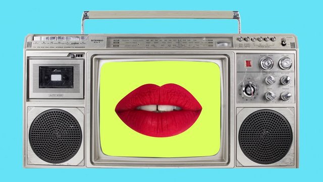 Montage of retro TV sets woman's lips.