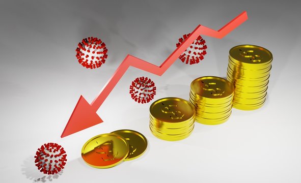 Coins recession graph arrow fall pandemic global concept virus 3d render
