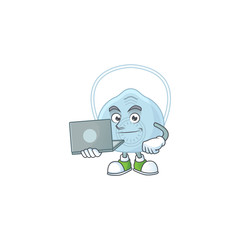 Diligent breathing mask mascot design style working from home with laptop
