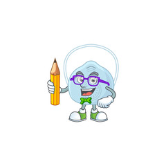 Breathing mask student cartoon character studying with pencil