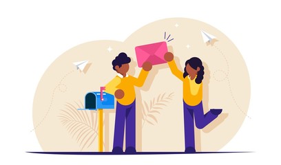 New email concept. People stand with a paper envelope near the mailbox. Notification of an incoming message. Modern flat vector illustration.