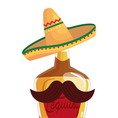 Mexican tequila bottle with hat and mustache design, Mexico culture tourism landmark latin and party theme Vector illustration