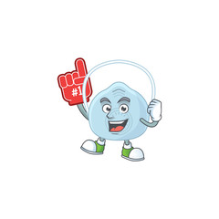 Cartoon character concept of breathing mask holding red foam finger