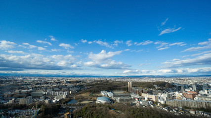Obraz premium Cityscape of Nagoya bird eye aerial view in cloudy blue sky day