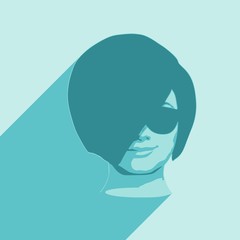 Portrait of beautiful woman in black sunglasses. Short hair. Front view. Web icon with long shadow