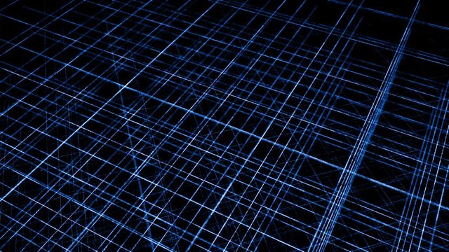 3D space with grid of lines. Animation. Multi-level grid of thin lines on black background. Intersecting thin lines in space permeate its entire perimeter
