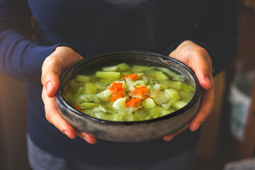 Cabbage vegetables soup. Vegan food.