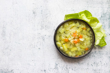 Cabbage vegetables soup. Vegan food. Copy space.