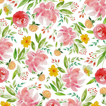 Watercolor pattern with pink and yellow flowers and leaves. Hand drawn watercolor illustration. Watercolor Floral pattern for cards or fabric. Watercolor roses and peons