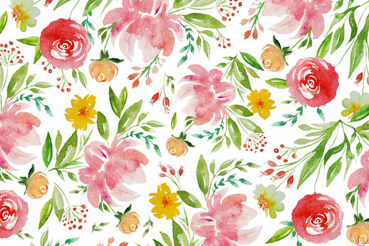 Watercolor pattern with pink and yellow flowers and leaves. Hand drawn watercolor illustration. Watercolor Floral pattern for cards or fabric. Watercolor roses and peons