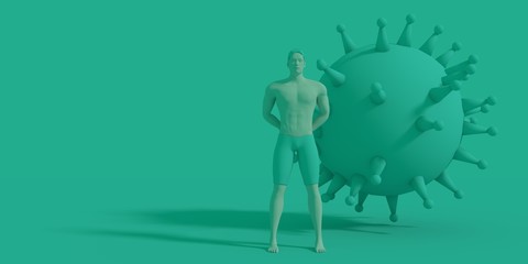 Abstract virus model and man. Coronavirus pandemic concept. 3D rendering.