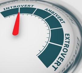 Extrovert, ambivert and introvert concept. Human psychology. Level scale with arrow. The measuring device icon. Sign tachometer, speedometer, indicators. Infographic gauge element. 3D rendering. - obrazy, fototapety, plakaty