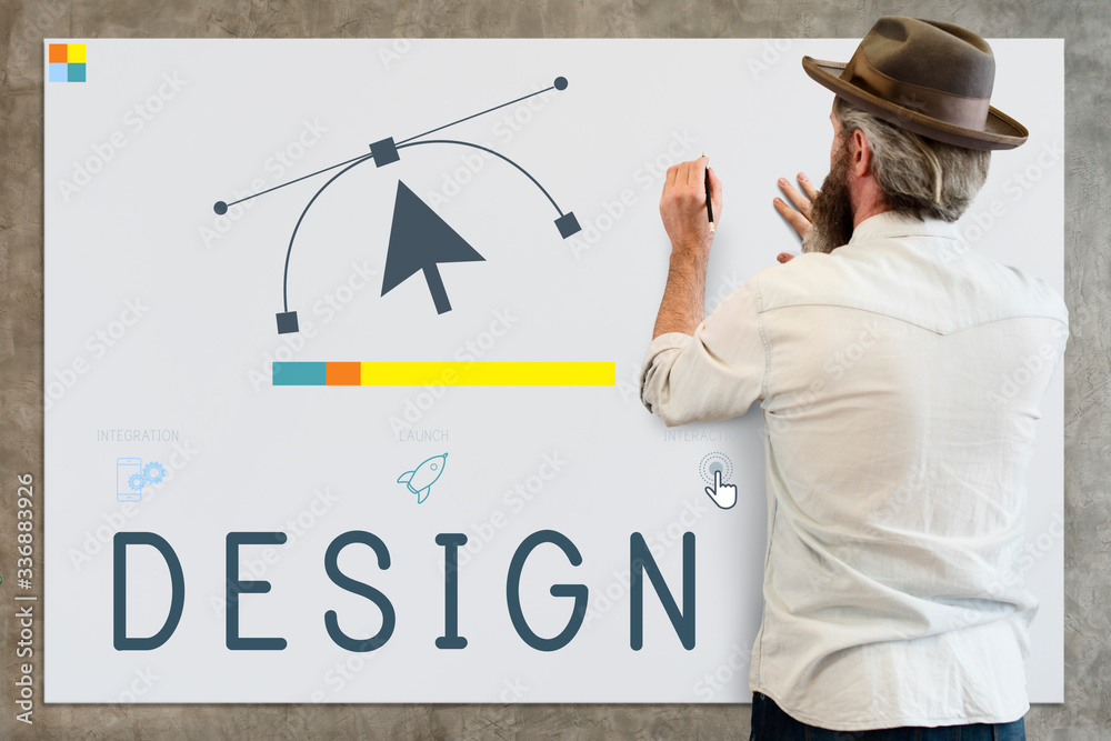 Poster designer working and using whitebaord